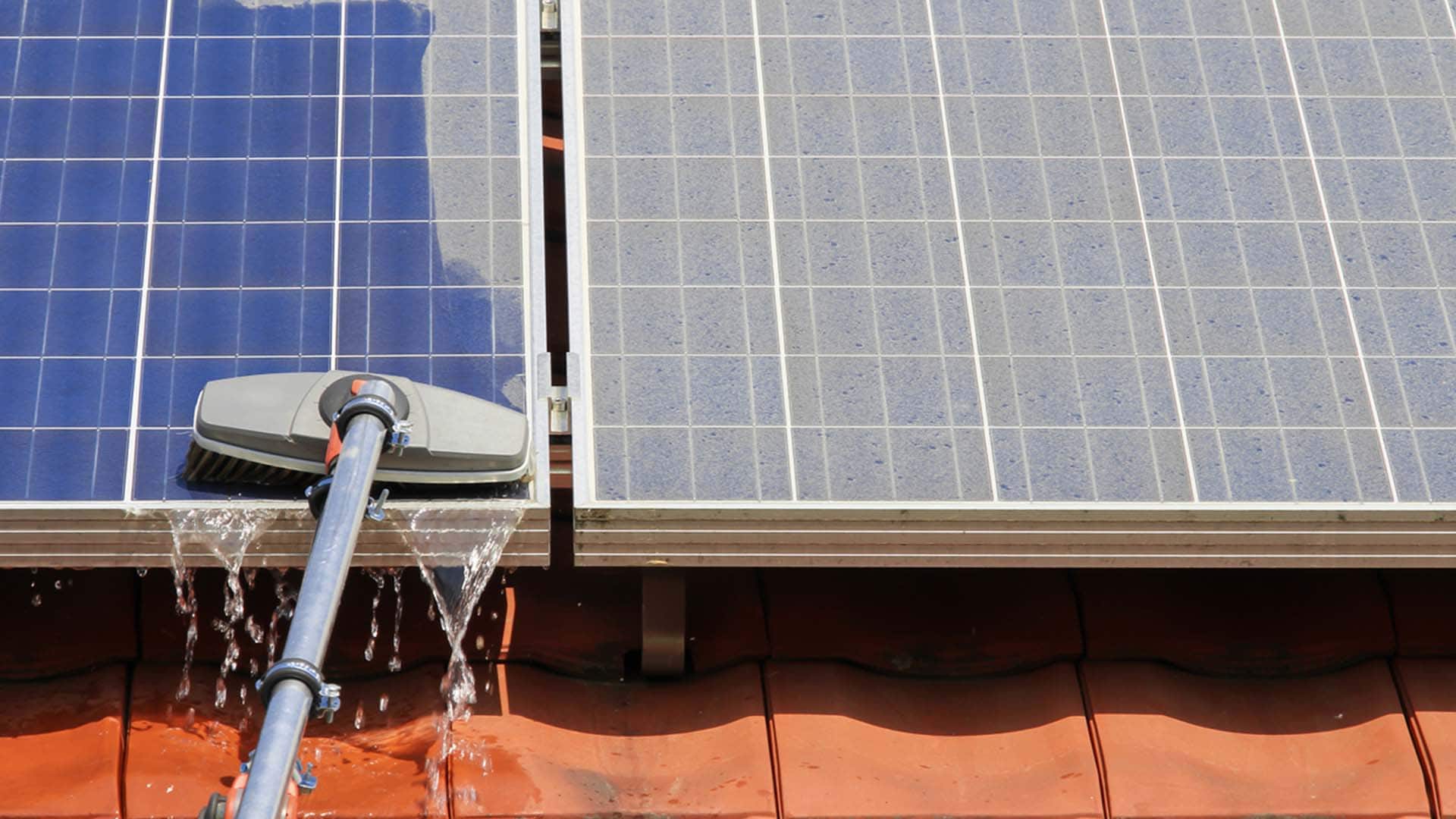Nettoyage d'un panneau solaire à la brosse télescopique